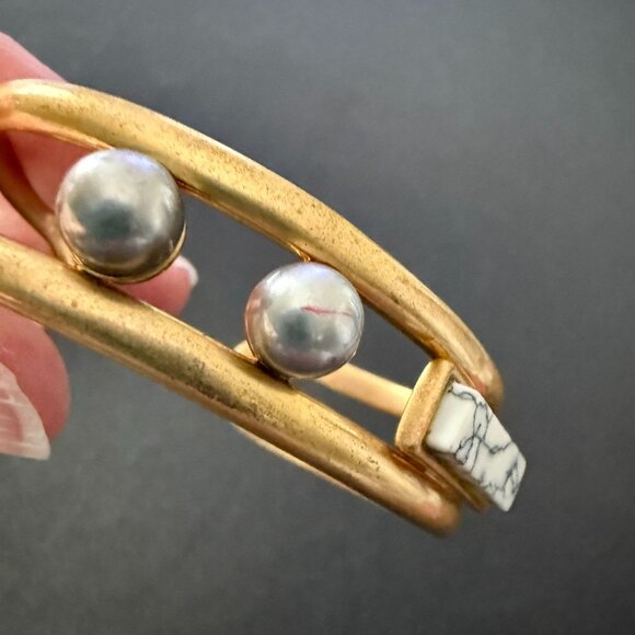 Madewell Gold-Tone Cuff Bracelet Faux Marble Faux Pearl Accents Adjustable Fit - Picture 8 of 10